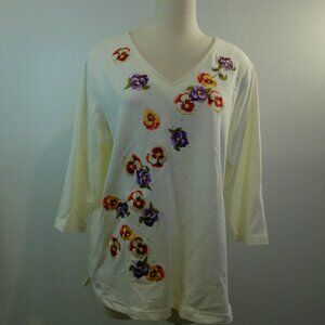 Quacker Factory V-Neck Tunic Floral Rhinestone Embellished Top Size 1X